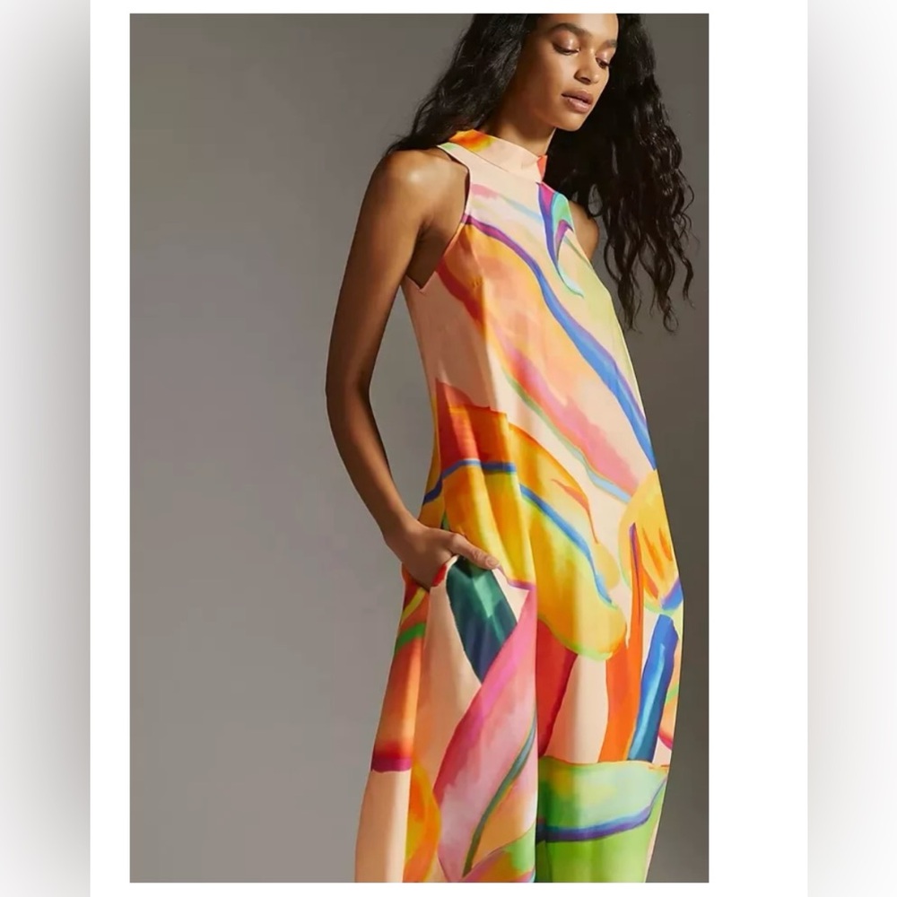 Anthropologie Farm Rio Maxi Dress Halter Abstraction Painterly Pockets